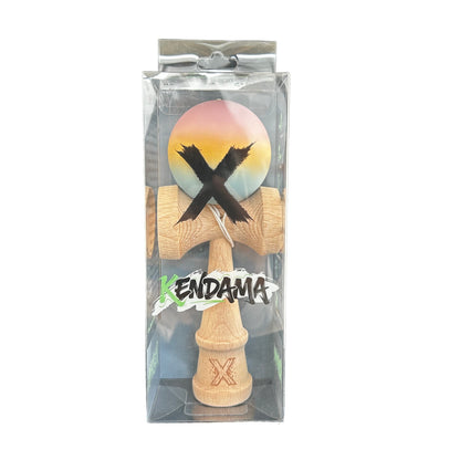Jucarie Kendama X Originala, Profesionala, Selexmo, din Lemn, Rubber Grip, 18 cm, Roz/Galben/Albastru