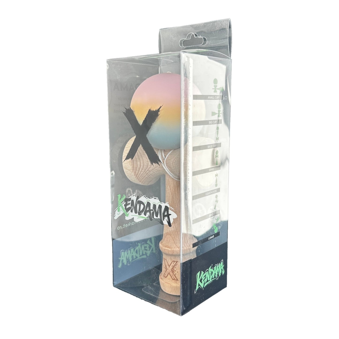 Jucarie Kendama X Originala, Profesionala, Selexmo, din Lemn, Rubber Grip, 18 cm, Roz/Galben/Albastru