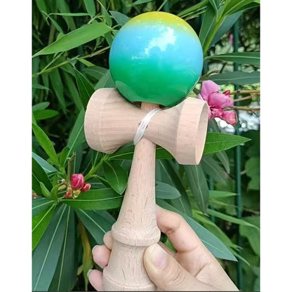 Kendama X Originala, Profesionala, Selexmo, Rubber Grip, din Lemn, 18 cm, Galben/Albastru/Verde