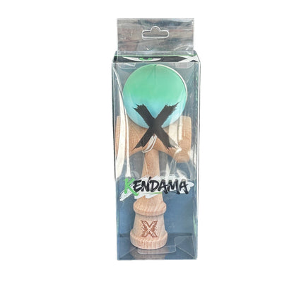 Jucarie Kendama X Originala, Profesionala, Selexmo, din Lemn, Rubber Grip, 18 cm, Verde/Albastru