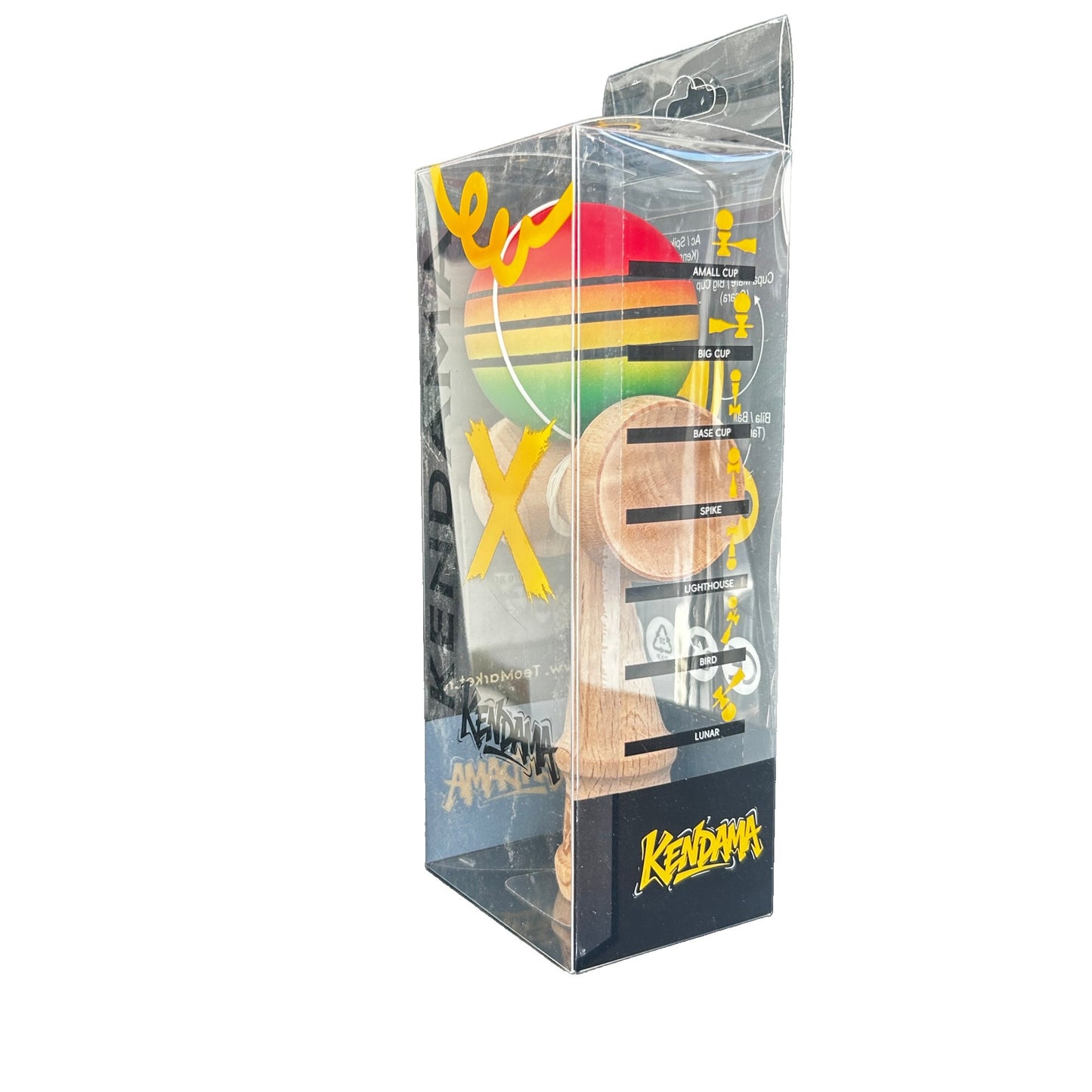 Jucarie Kendama X Originala, Profesionala, Selexmo, din Lemn, Rubber Grip, 18 cm, Rosu/Galben/Verde