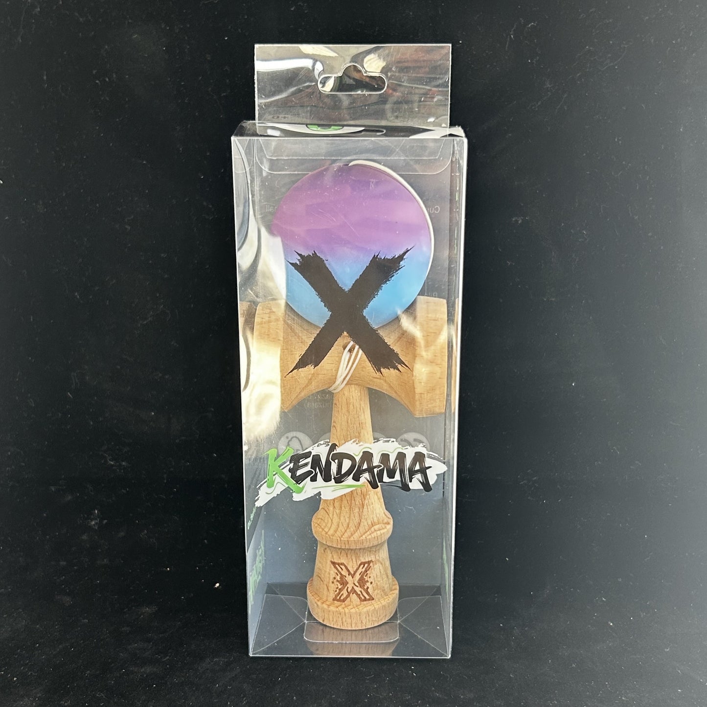 Jucarie Kendama X Originala, Profesionala, Selexmo, din Lemn, 18 cm, Joc de Indemanare pentru Copii și Adulti, Gradient Violet/Albastru