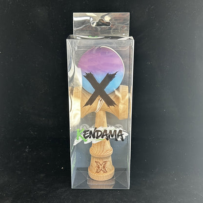 Jucarie Kendama X Originala, Profesionala, Selexmo, din Lemn, 18 cm, Joc de Indemanare pentru Copii și Adulti, Gradient Violet/Albastru