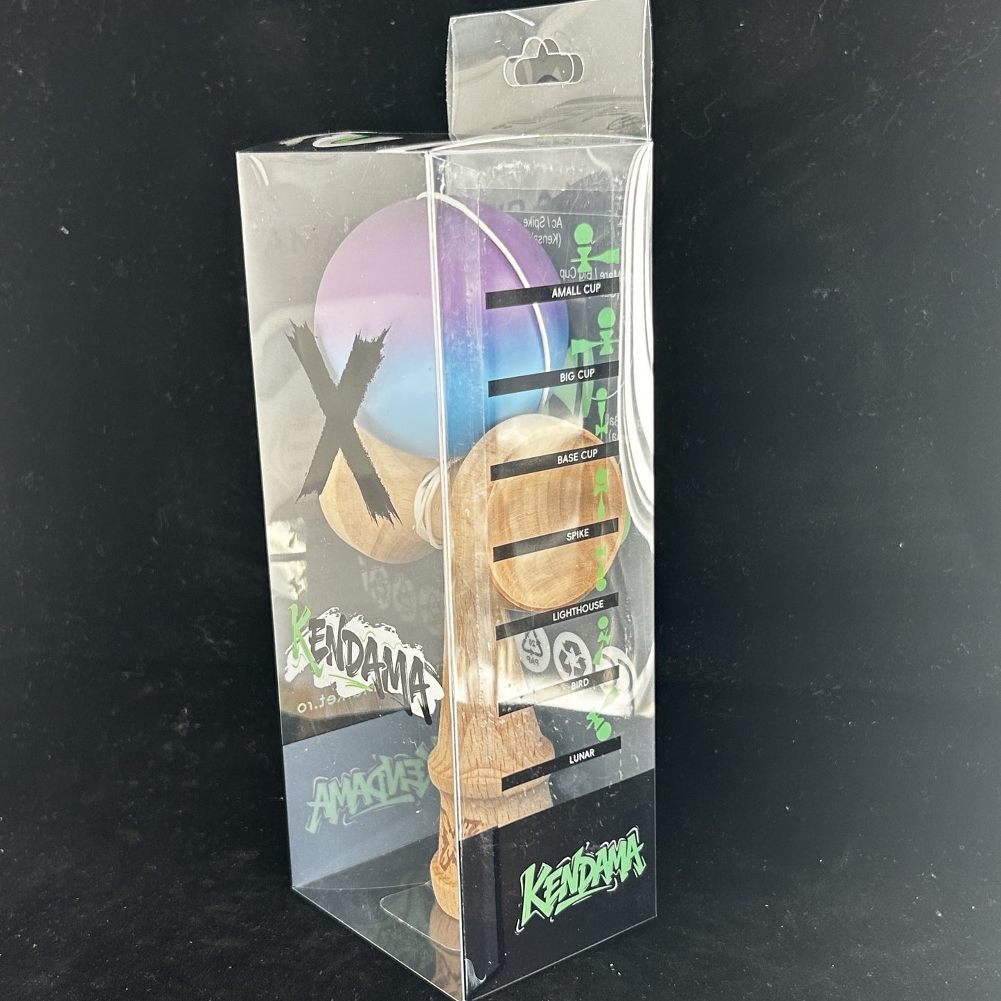 Jucarie Kendama X Originala, Profesionala, Selexmo, din Lemn, 18 cm, Joc de Indemanare pentru Copii și Adulti, Gradient Violet/Albastru