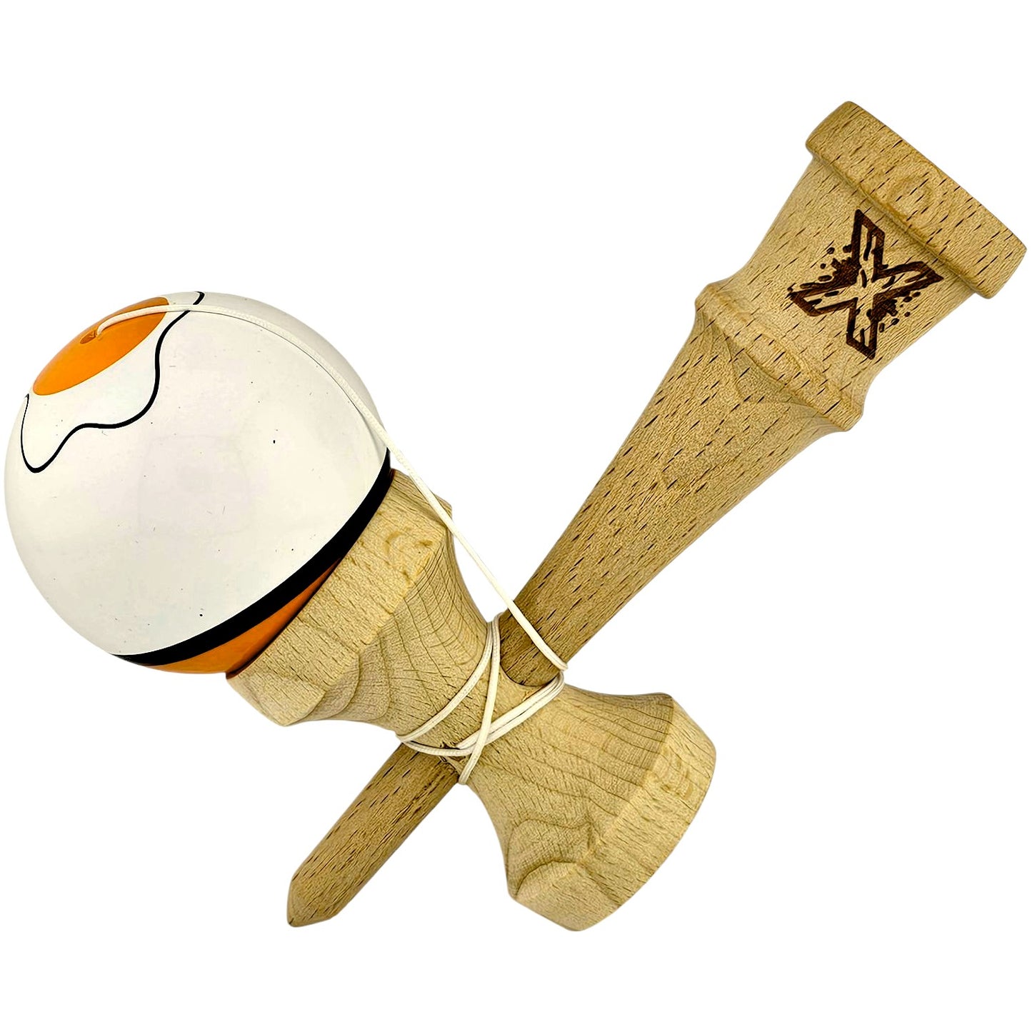 Kendama X Originala, Profesionala, Selexmo, din Lemn, Super Sticky, 18 cm, Alb/Portocaliu