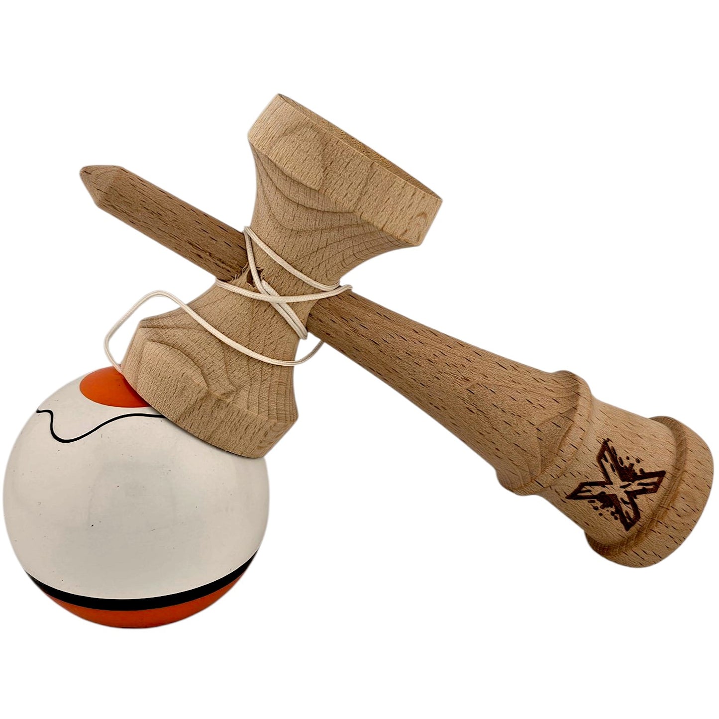 Kendama X Originala, Profesionala, Selexmo, din Lemn, Super Sticky, 18 cm, Alb/Portocaliu