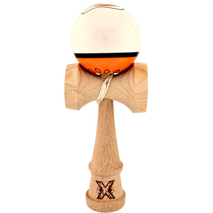 Kendama X Originala, Profesionala, Selexmo, din Lemn, Super Sticky, 18 cm, Alb/Portocaliu