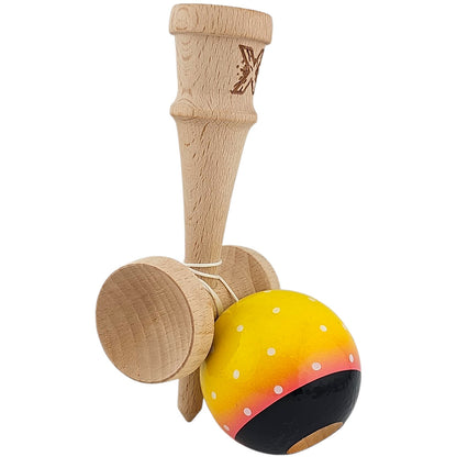 Kendama X Originala, Profesionala, Selexmo, din Lemn, Super Sticky, 18 cm, Galben/Roz/Negru