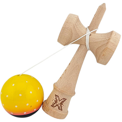 Kendama X Originala, Profesionala, Selexmo, din Lemn, Super Sticky, 18 cm, Galben/Roz/Negru