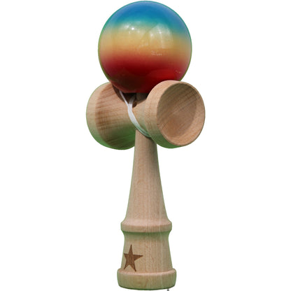 Jucarie Kendama X Originala, Profesionala, Selexmo, Super Sticky din Lemn, 18 cm, Gradient Rosu/Galben/Albastru