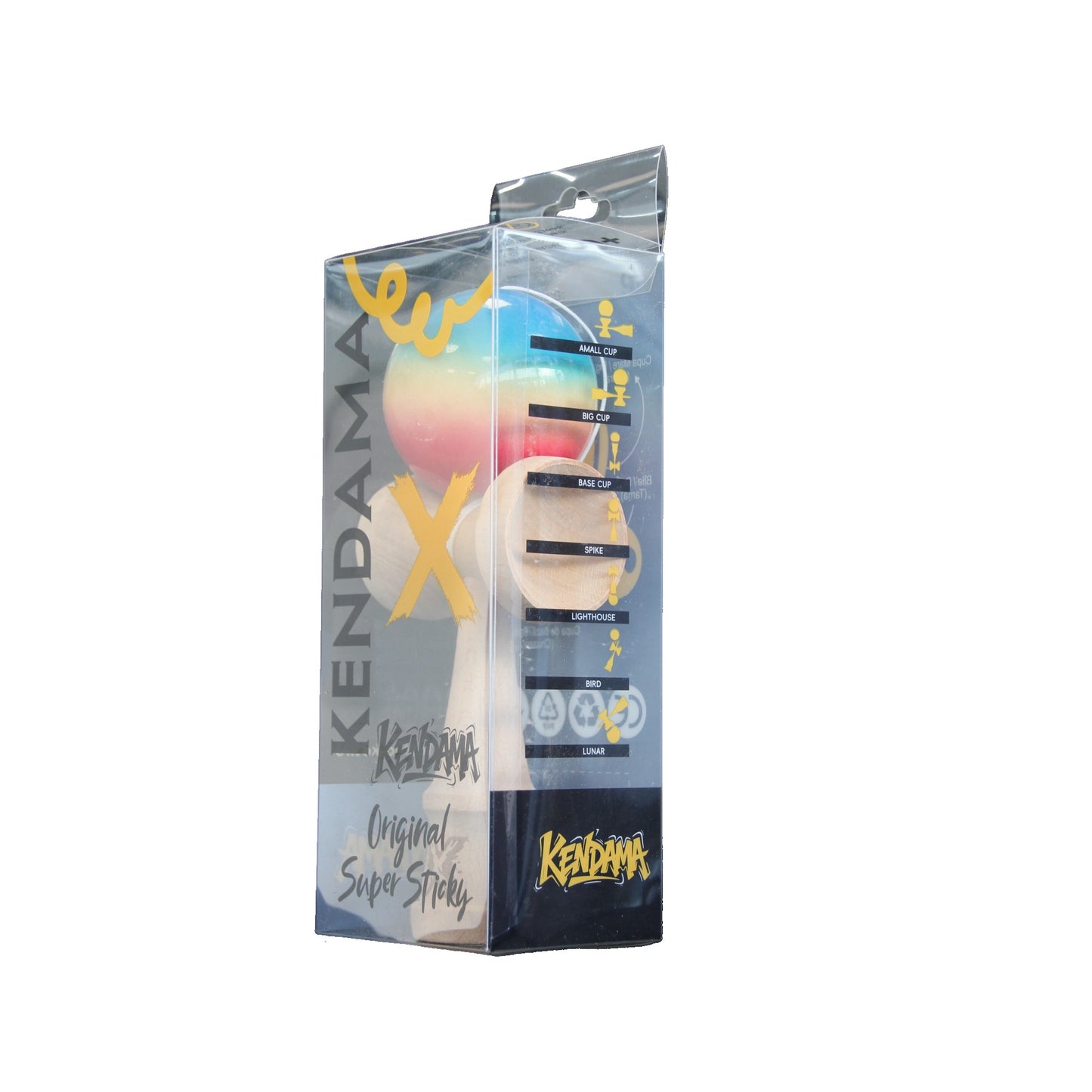 Jucarie Kendama X Originala, Profesionala, Selexmo, Super Sticky din Lemn, 18 cm, Gradient Rosu/Galben/Albastru