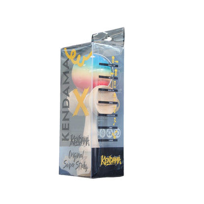 Jucarie Kendama X Originala, Profesionala, Selexmo, Super Sticky din Lemn, 18 cm, Gradient Rosu/Galben/Albastru