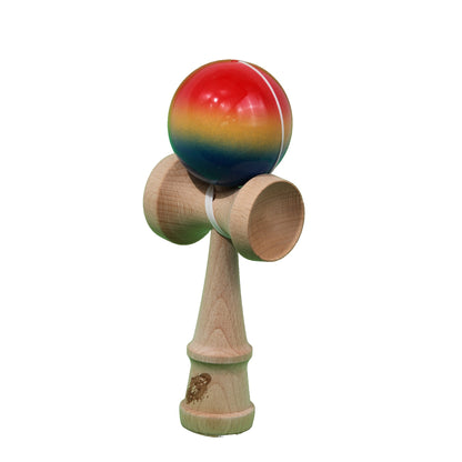 Jucarie Kendama X Originala, Profesionala, Selexmo, Super Sticky din Lemn, 18 cm, Gradient Rosu/Galben/Albastru