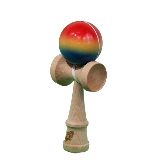 Jucarie Kendama X Originala, Profesionala, Selexmo, Super Sticky din Lemn, 18 cm, Gradient Rosu/Galben/Albastru