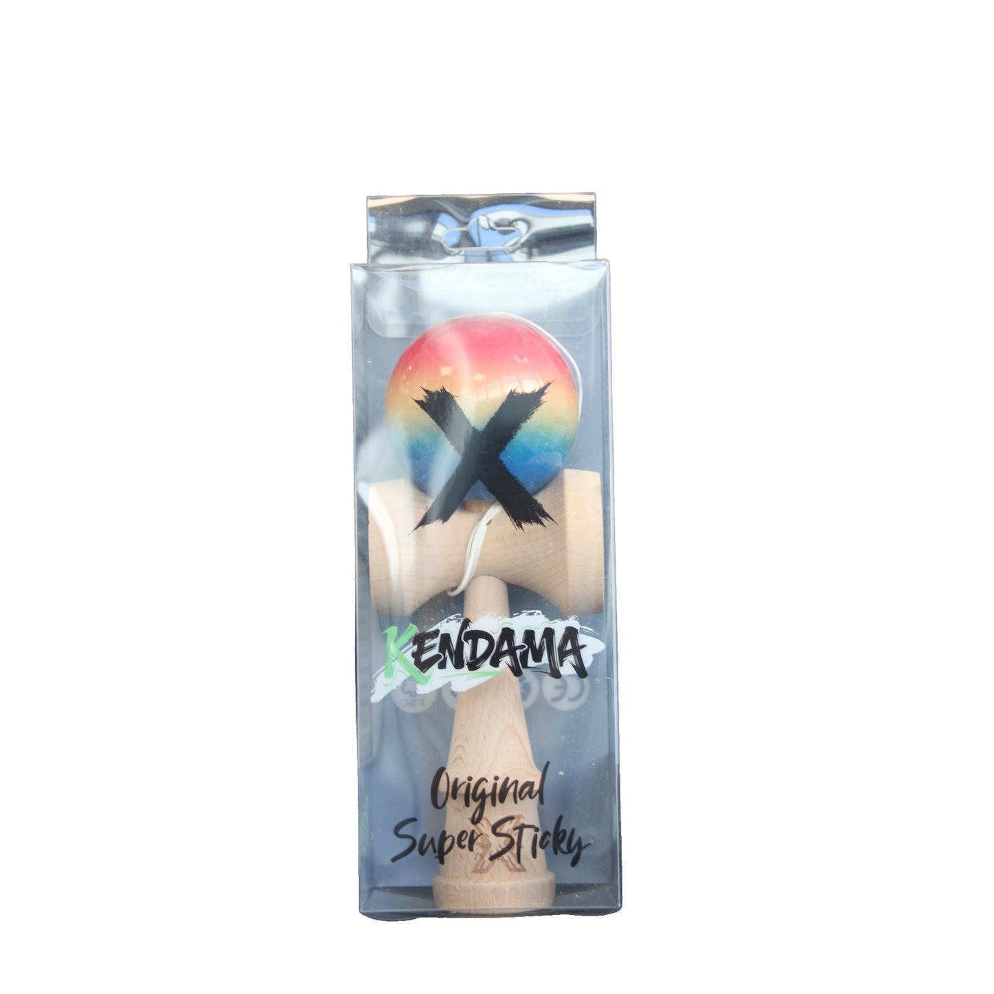 Jucarie Kendama X Originala, Profesionala, Selexmo, Super Sticky din Lemn, 18 cm, Gradient Rosu/Galben/Albastru