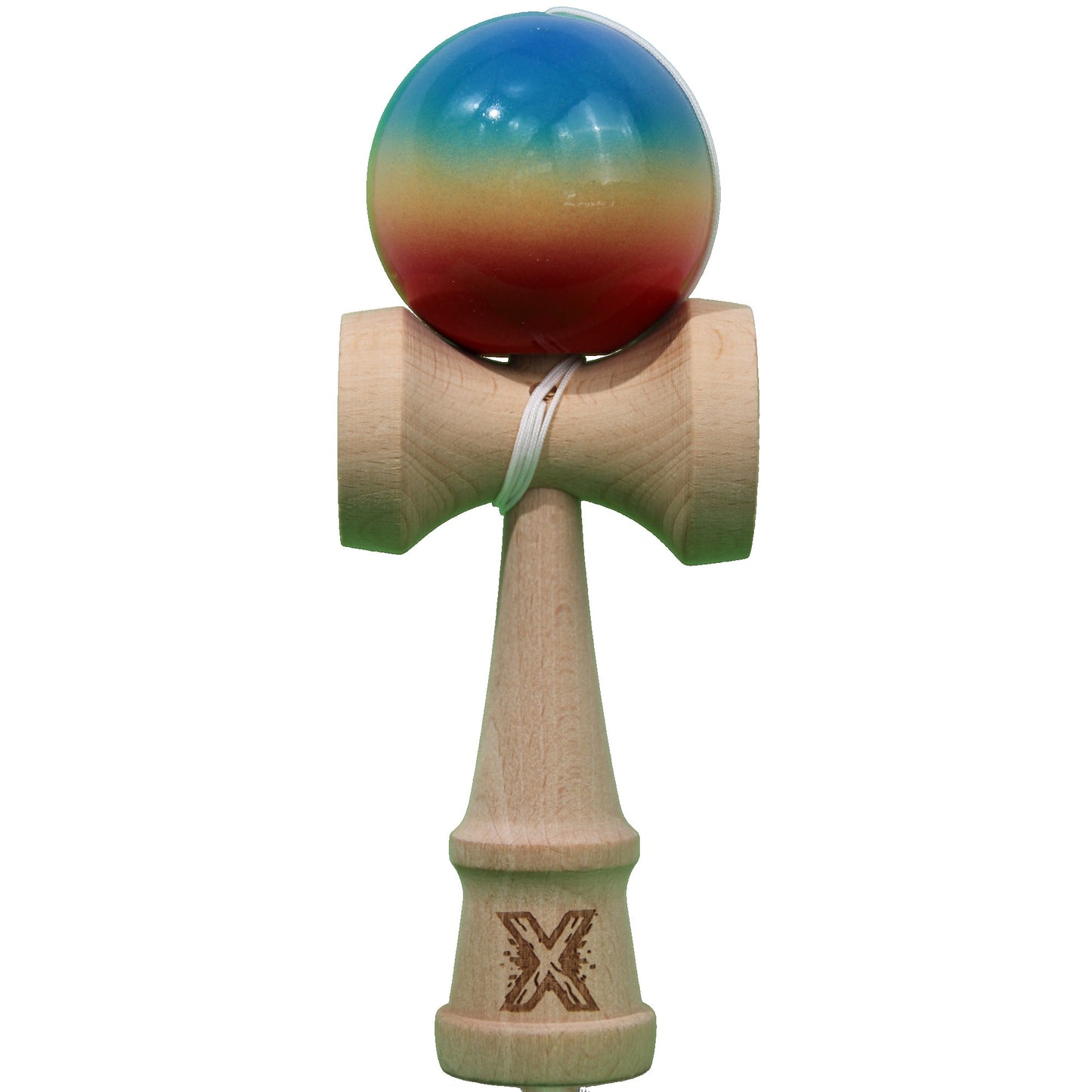 Jucarie Kendama X Originala, Profesionala, Selexmo, Super Sticky din Lemn, 18 cm, Gradient Rosu/Galben/Albastru