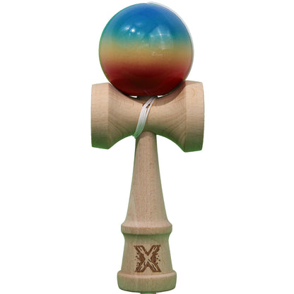 Jucarie Kendama X Originala, Profesionala, Selexmo, Super Sticky din Lemn, 18 cm, Gradient Rosu/Galben/Albastru