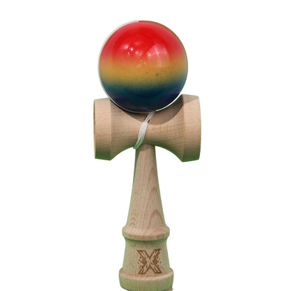 Jucarie Kendama X Originala, Profesionala, Selexmo, Super Sticky din Lemn, 18 cm, Gradient Rosu/Galben/Albastru