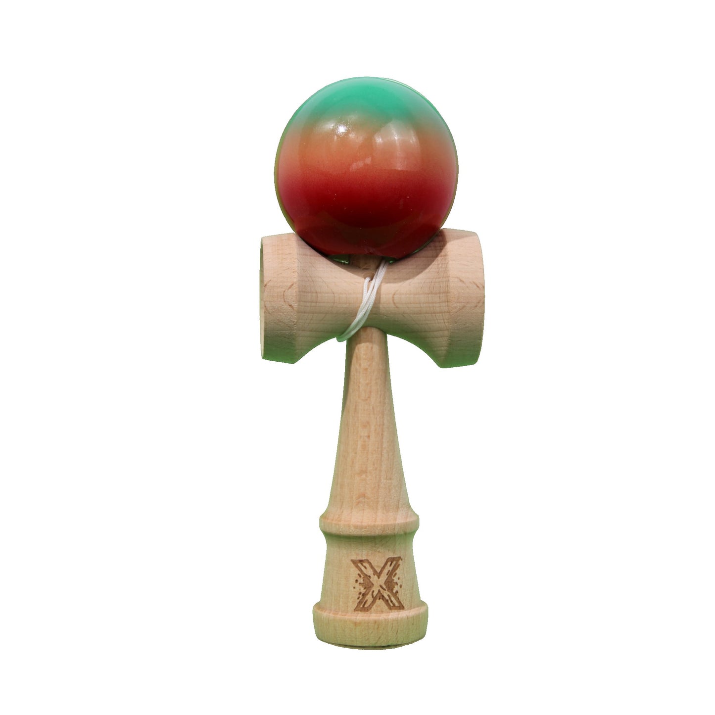 Jucarie Kendama X Originala, Profesionala, Selexmo, Super Sticky din Lemn, 18 cm, Gradient Rosu/Verde