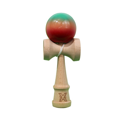 Jucarie Kendama X Originala, Profesionala, Selexmo, Super Sticky din Lemn, 18 cm, Gradient Rosu/Verde