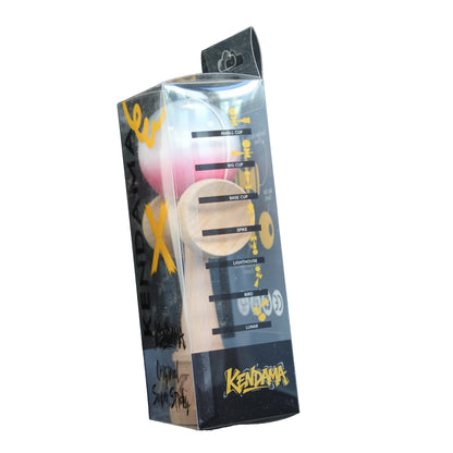 Jucarie  Kendama X Originala, Profesionala, Selexmo, Super Sticky din Lemn, 18 cm, Gradient Roz/Alb/Gri