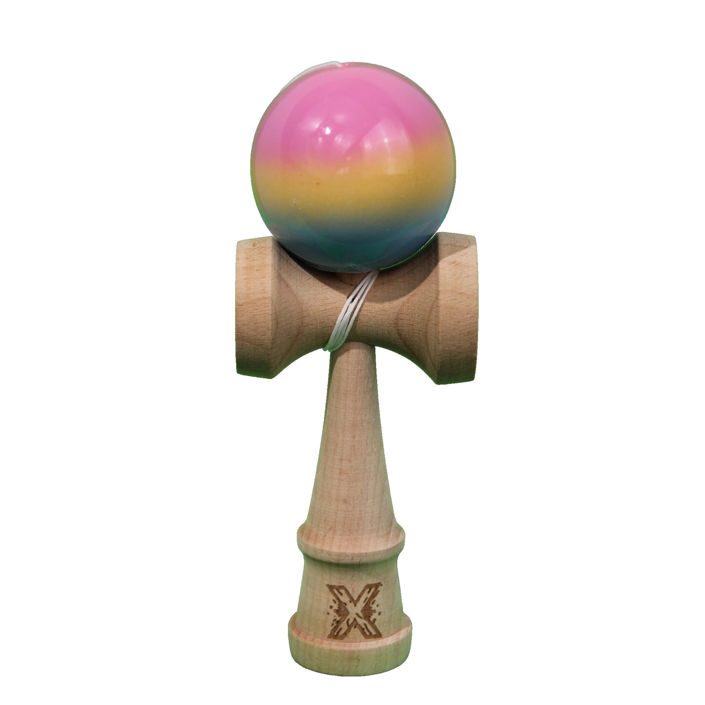 Jucarie Kendama X Originala, Profesionala, Selexmo, Super Sticky din Lemn, 18 cm, Gradient Roz/Galben/Albastru