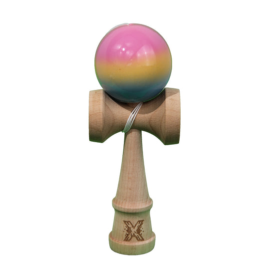 Jucarie Kendama X Originala, Profesionala, Selexmo, Super Sticky din Lemn, 18 cm, Gradient Roz/Galben/Albastru