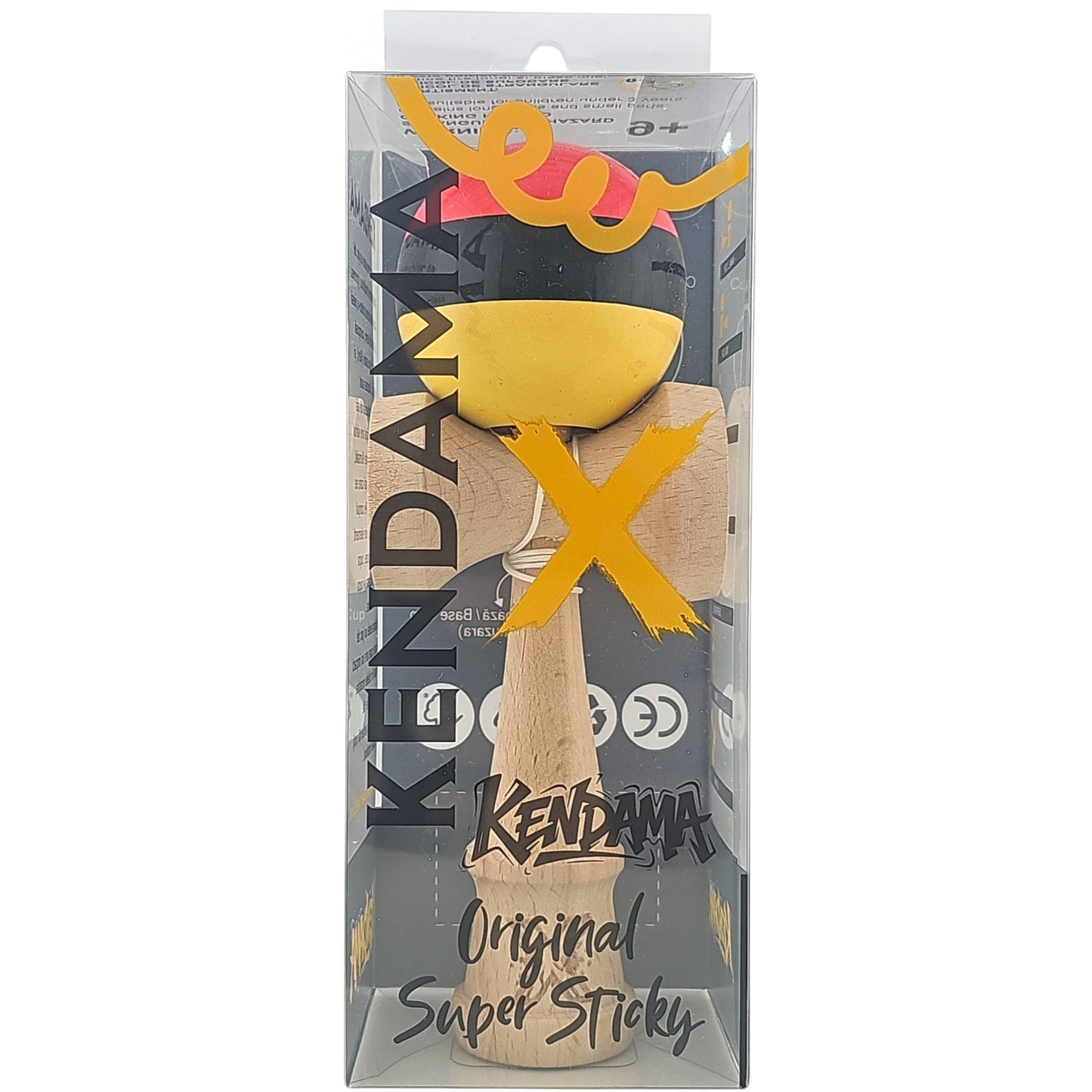Kendama X Originala, Profesionala, Selexmo, Super, Sticky din Lemn, 18 cm, Rosu/Negru/Galben