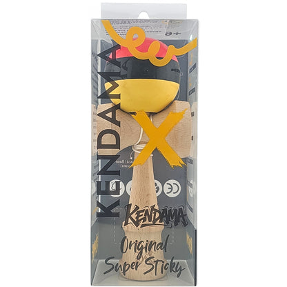 Kendama X Originala, Profesionala, Selexmo, Super, Sticky din Lemn, 18 cm, Rosu/Negru/Galben