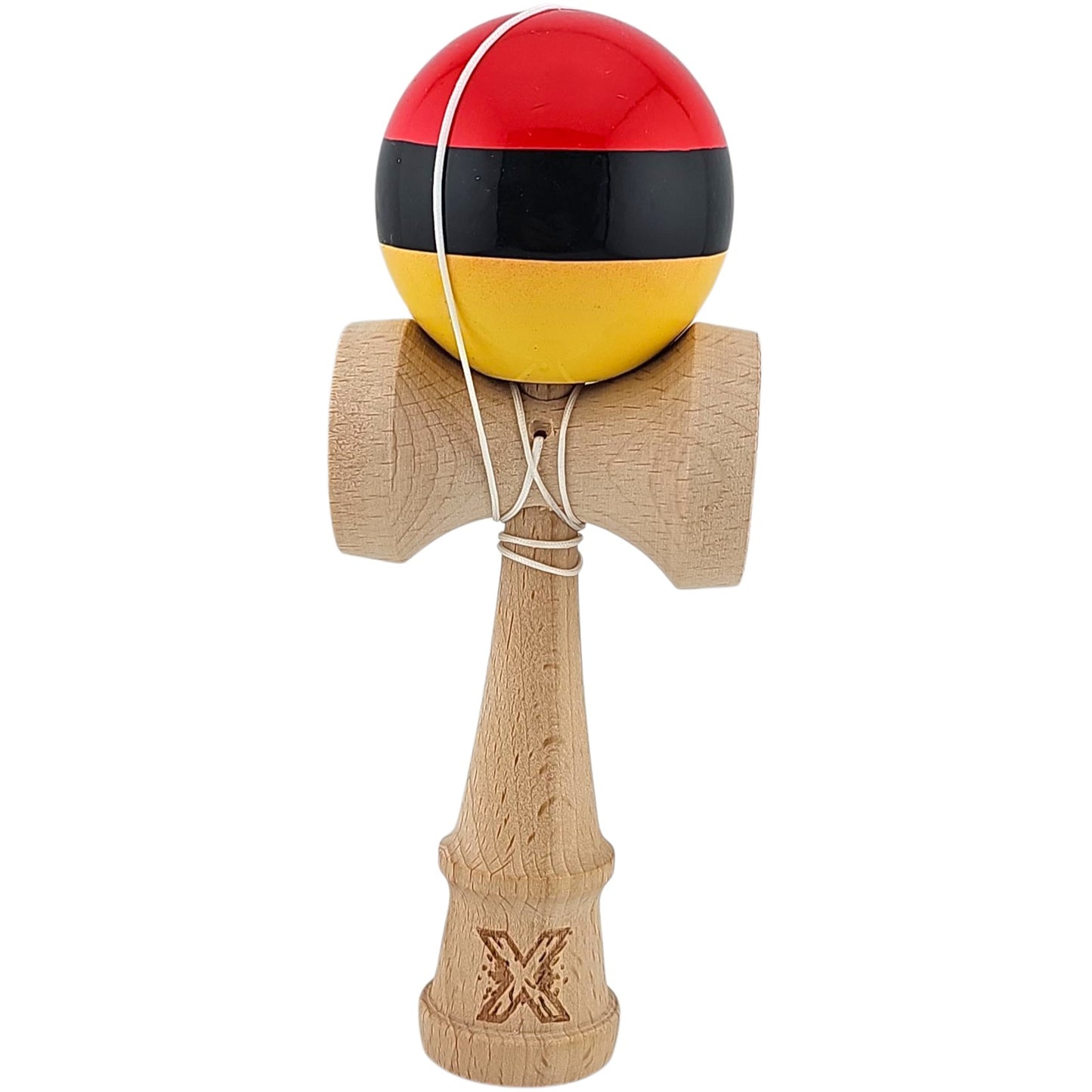 Kendama X Originala, Profesionala, Selexmo, Super, Sticky din Lemn, 18 cm, Rosu/Negru/Galben