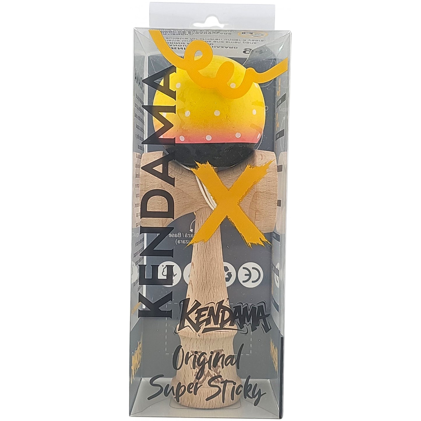 Kendama X Originala, Profesionala, Selexmo, din Lemn, Super Sticky, 18 cm, Galben/Roz/Negru