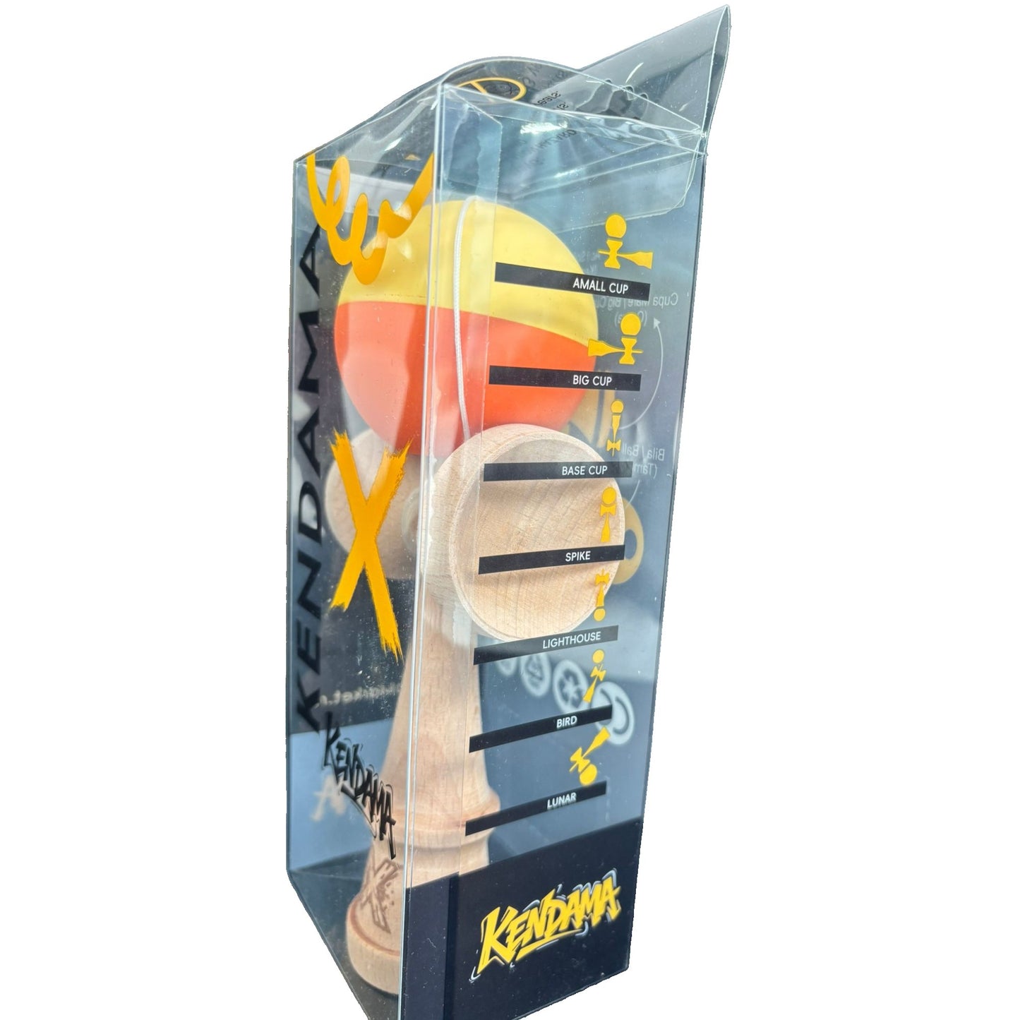 Kendama X Originala, Profesionala, Selexmo, din Lemn, Rubber Grip, 18 cm, Galben/Portocaliu