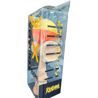 Kendama X Originala, Profesionala, Selexmo, din Lemn, Rubber Grip, 18 cm, Galben/Portocaliu