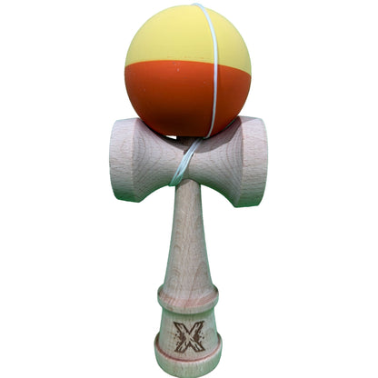 Kendama X Originala, Profesionala, Selexmo, din Lemn, Rubber Grip, 18 cm, Galben/Portocaliu
