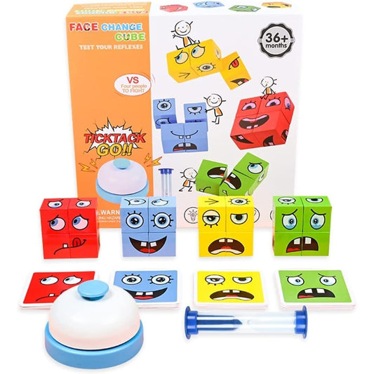Jucarie Pentru Copii Montessori Selexmo, Cub din Lemn, Asamblare Fete, 64 de Carti Distractive, Clepsidra si Clopotel inclus, pentru Baieti si Fete, Varsta +3 ani, Educativ, Cutie din carton, 21 x 21 x 5.5 cm, multicolor