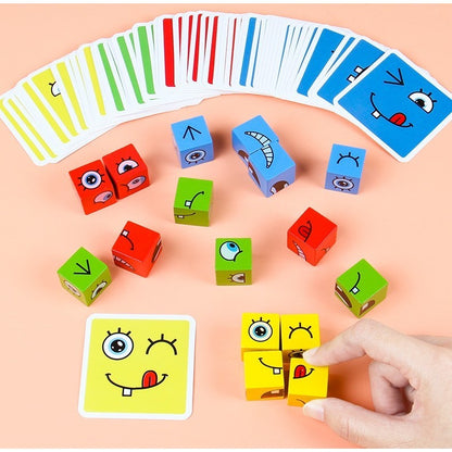 Jucărie Montessori Selexmo, Cub din Lemn, 64 Cartonașe, Clepsidră și Clopoțel, +3 ani, Multicolor