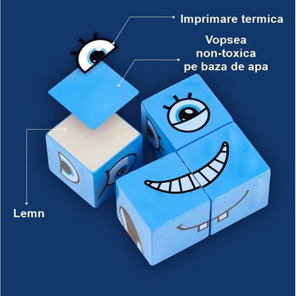 Jucărie Montessori Selexmo, Cub din Lemn, 64 Cartonașe, Clepsidră și Clopoțel, +3 ani, Multicolor