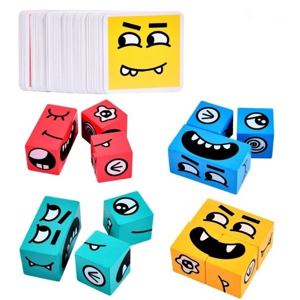 Jucarie pentru copii montessori Selexmo, cub din lemn, asamblare fete, 64 de carti distractive, pentru baieti si fete, varsta +3 ani, educativ, multicolor