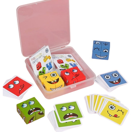 Jucarie Pentru Copii Montessori Selexmo, Cub din Lemn, Asamblare Fete, 64 de Carti Distractive, pentru Baieti si Fete, Varsta +3 ani, Educativ, Ambalaj din plastic, 12 x 12 x 3 cm, multicolor