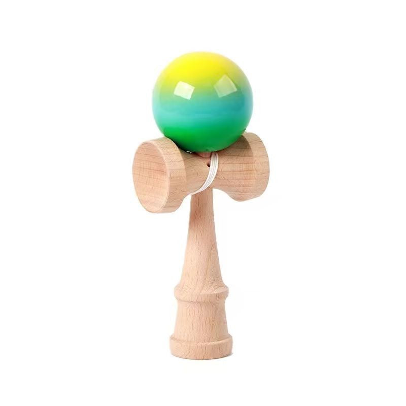 Jucarie Kendama X Originala, Profesionala, Selexmo, Super Sticky din Lemn, 18 cm, Gradient Galben/Albastru deschis/Verde