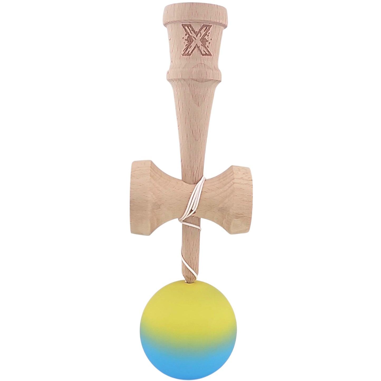 Kendama X Originala, Profesionala, Selexmo, 18 cm, Profesionala, +9 Ani, din Lemn, Gradient Galben/Albastru