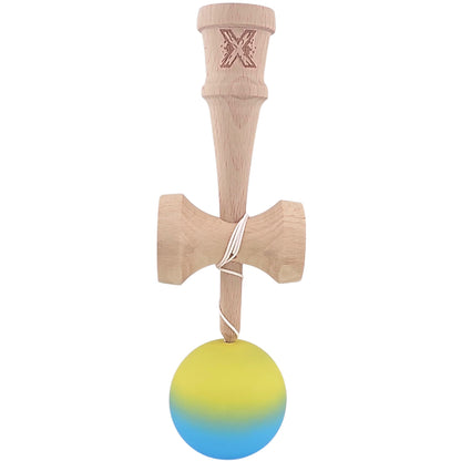 Kendama X Originala, Profesionala, Selexmo, 18 cm, Profesionala, +9 Ani, din Lemn, Gradient Galben/Albastru