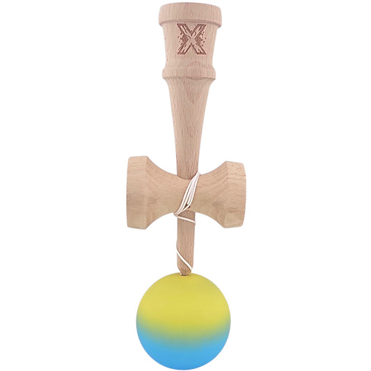 Kendama X Originala, Profesionala, Selexmo, 18 cm, Profesionala, +9 Ani, din Lemn, Gradient Galben/Albastru