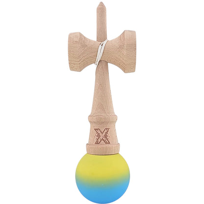 Kendama X Originala, Profesionala, Selexmo, 18 cm, Profesionala, +9 Ani, din Lemn, Gradient Galben/Albastru