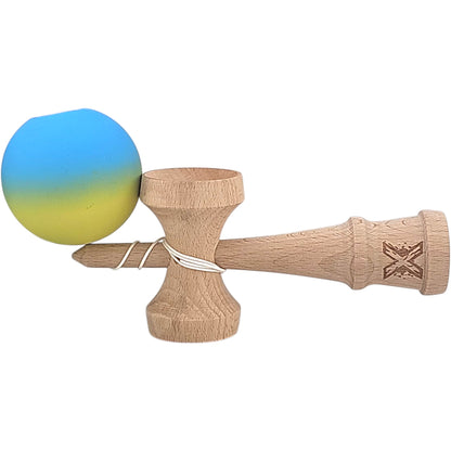 Kendama X Originala, Profesionala, Selexmo, 18 cm, Profesionala, +9 Ani, din Lemn, Gradient Galben/Albastru
