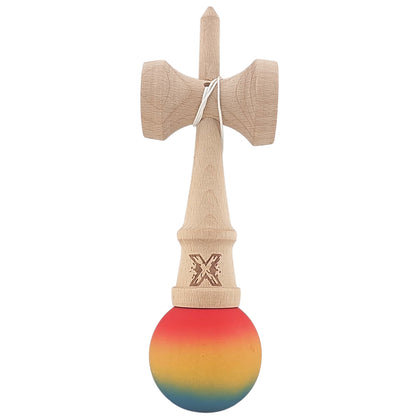 Kendama X Originala, Profesionala, Selexmo, din Lemn, Rubber Grip, 18 cm,Rosu/Galben/Albastru
