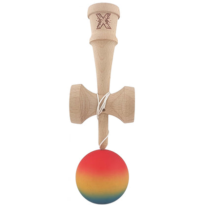Kendama X Originala, Profesionala, Selexmo, din Lemn, Rubber Grip, 18 cm,Rosu/Galben/Albastru