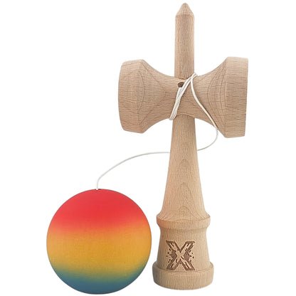 Kendama X Originala, Profesionala, Selexmo, din Lemn, Rubber Grip, 18 cm,Rosu/Galben/Albastru