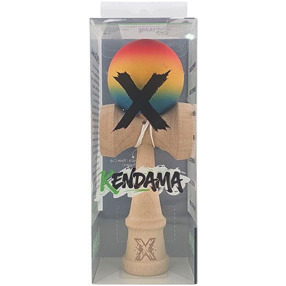 Kendama X Originala, Profesionala, Selexmo, din Lemn, Rubber Grip, 18 cm,Rosu/Galben/Albastru
