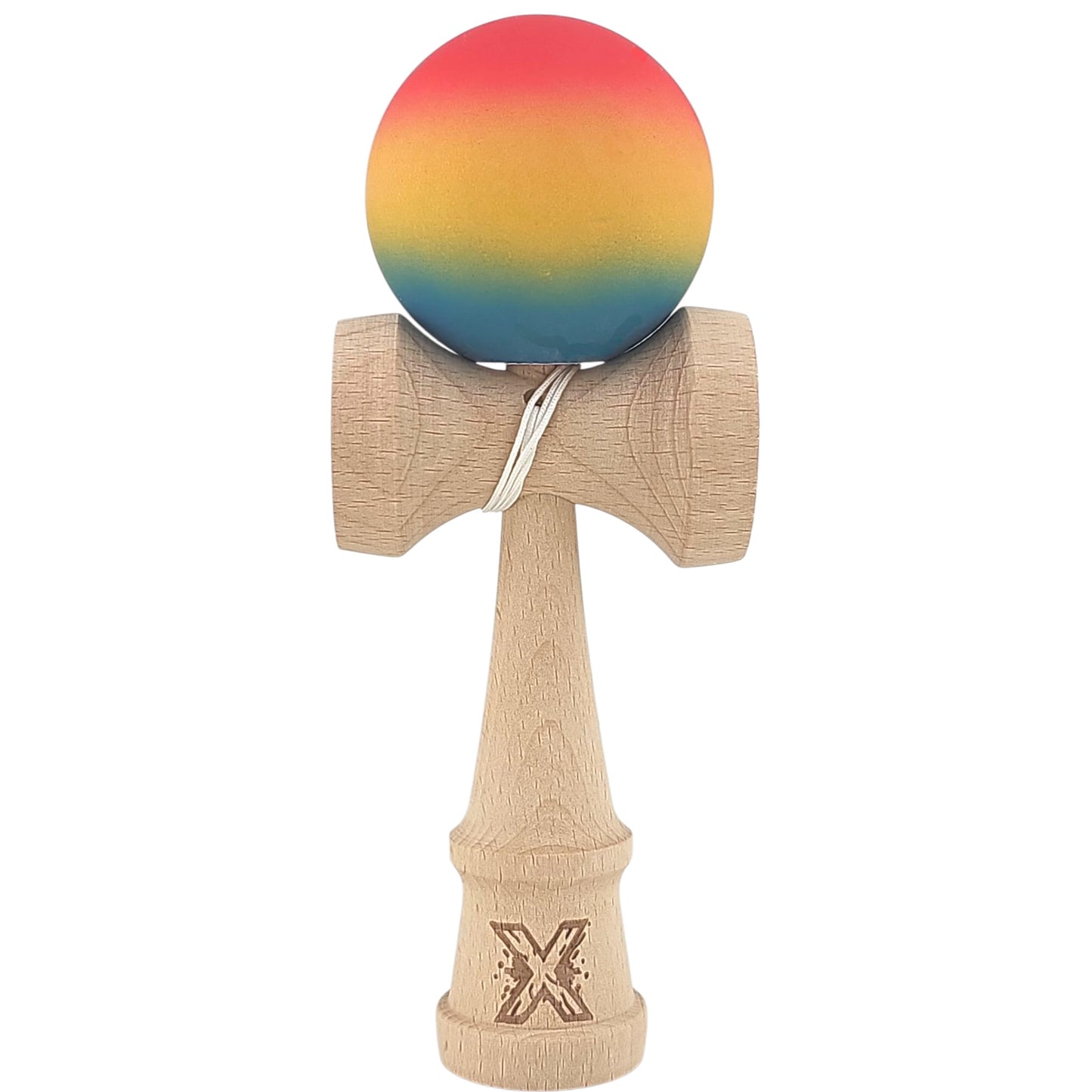 Kendama X Originala, Profesionala, Selexmo, din Lemn, Rubber Grip, 18 cm,Rosu/Galben/Albastru